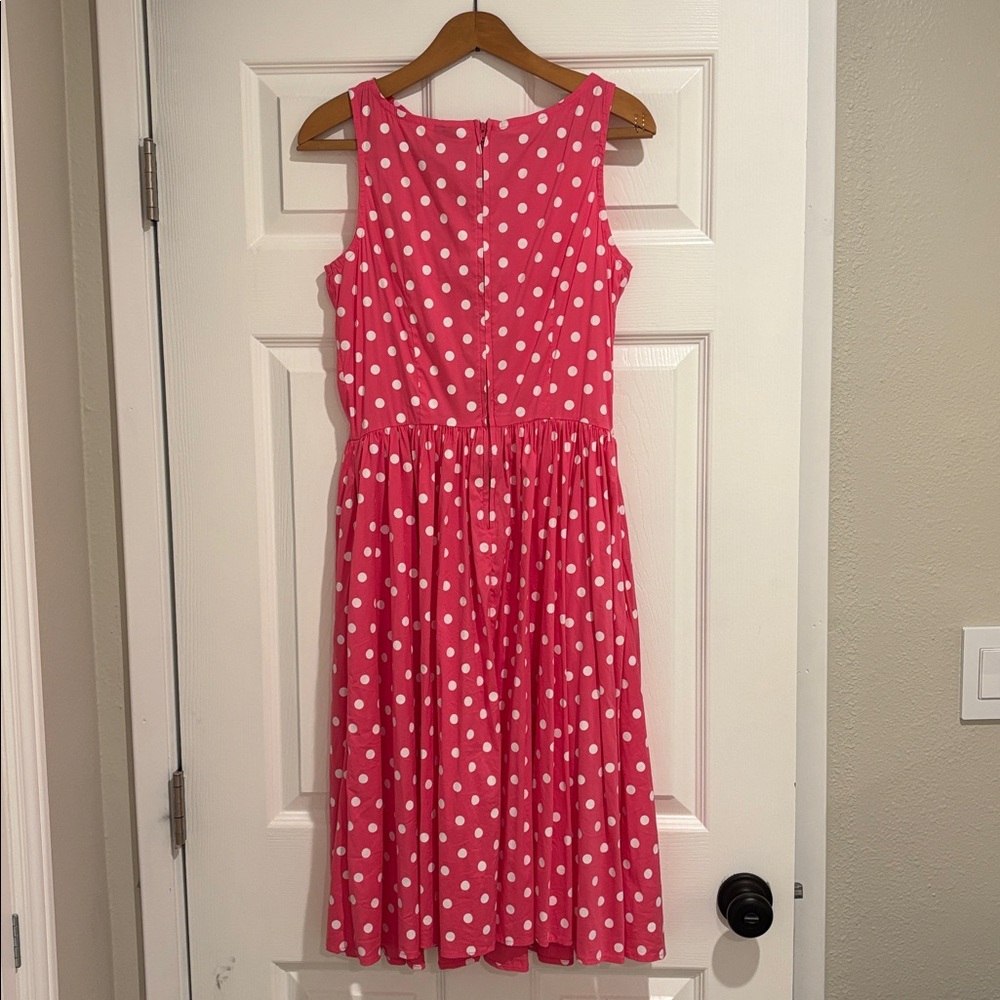 Unique Vintage Pink Polka Dot Midi Dress Pockets Retro 50s Inspired Swing Size S - Picture 3 of 7